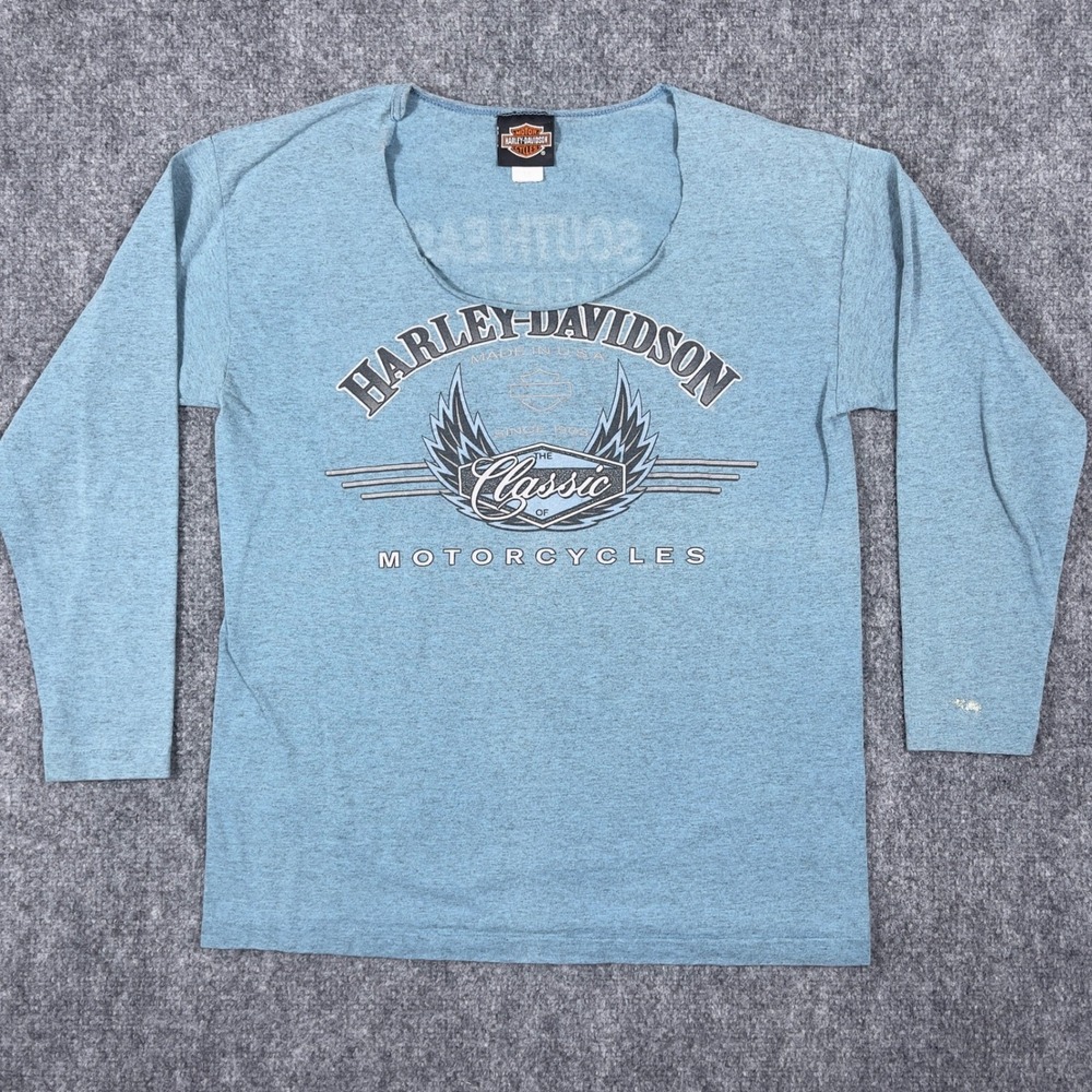 Harley Davidson Graphic T-Shirt Women Medium Blue Long Sleeve Cleveland Ohio USA